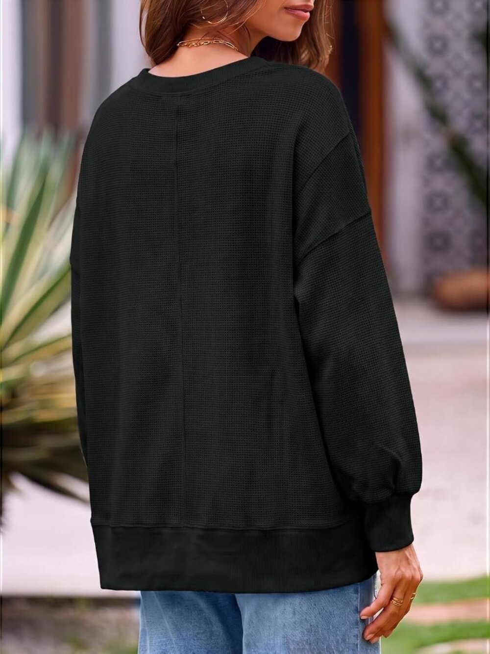 Women's Black Fall Oversized Sweatshirt Casual Waffle Knit Long Tunic Tops - Picture 4 of 5